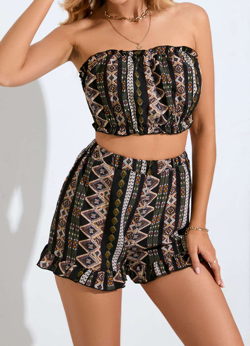 Women Clothing Summer Printed Tube Top Set Women Shorts