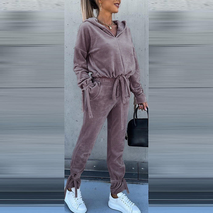 Autumn Winter Women Clothing Loose Pleuche Long Sleeve Hooded Sweater Trousers Set