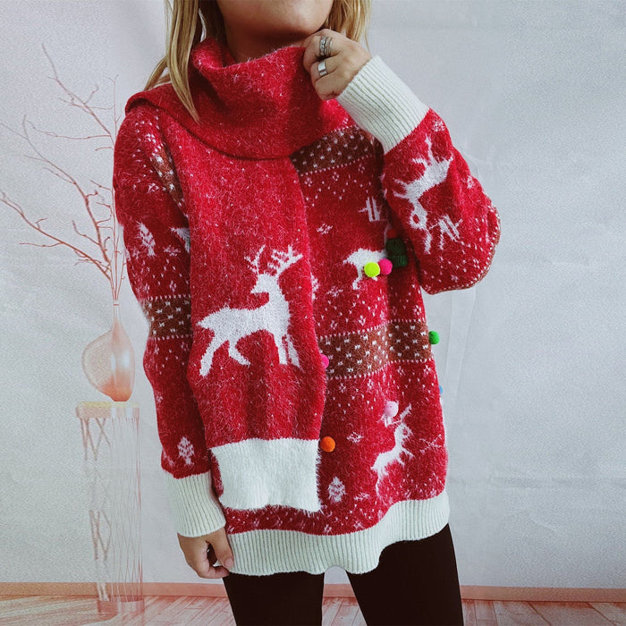 Autumn Winter Knitting Imitation Marten Deer Snowflake Jacquard Colorful Ball Christmas Sweater Scarf Two Piece Set