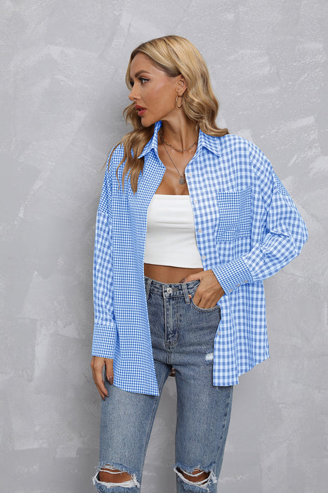 Women Top Autumn Collared Plaid Colorblock Loose Casual Shirt