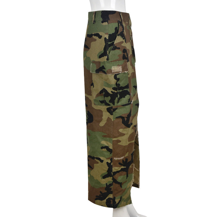 Women Clothing Autumn Winter Personalized Camouflage Wash Pocket Slit Tassel Skirt Women