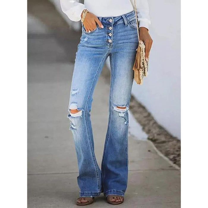 Spring Summer Retro Slimming Multi Button High Waist Micro Pull Washed Women Jeans