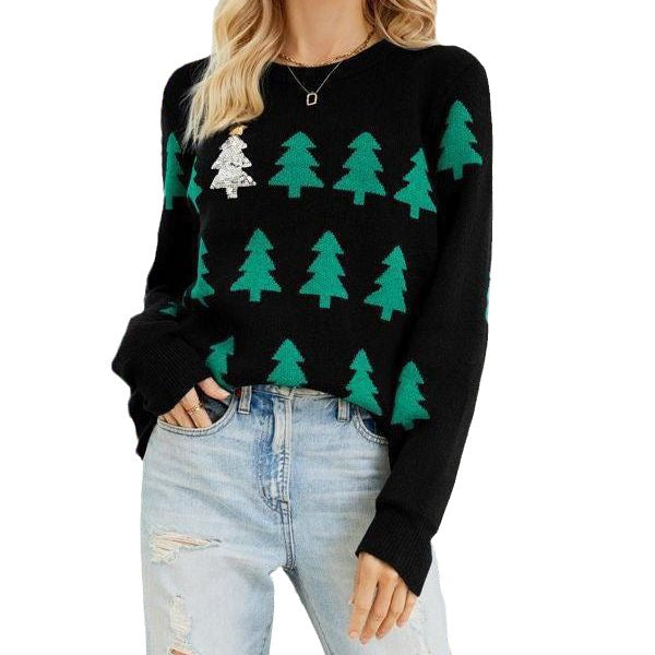 Christmas Tree Jacquard Christmas Sweater Women Casual Pullover Sweater