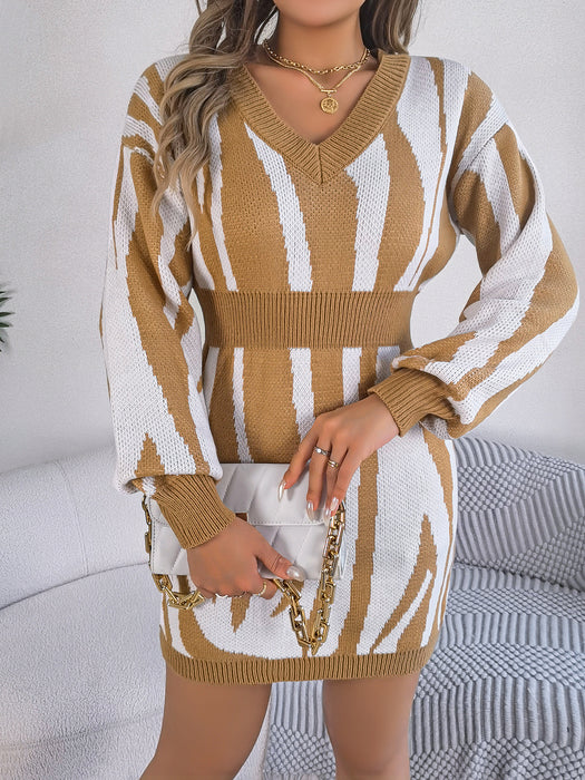 Autumn Winter Street V Collar Contrast Color Zebra Pattern Long Sleeve Narrow Woolen Dress Women Clothing