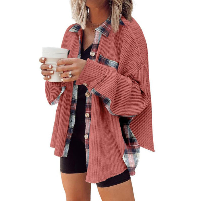 Women Autumn Winter Casual Waffle Knitted Jacket Loose Plaid