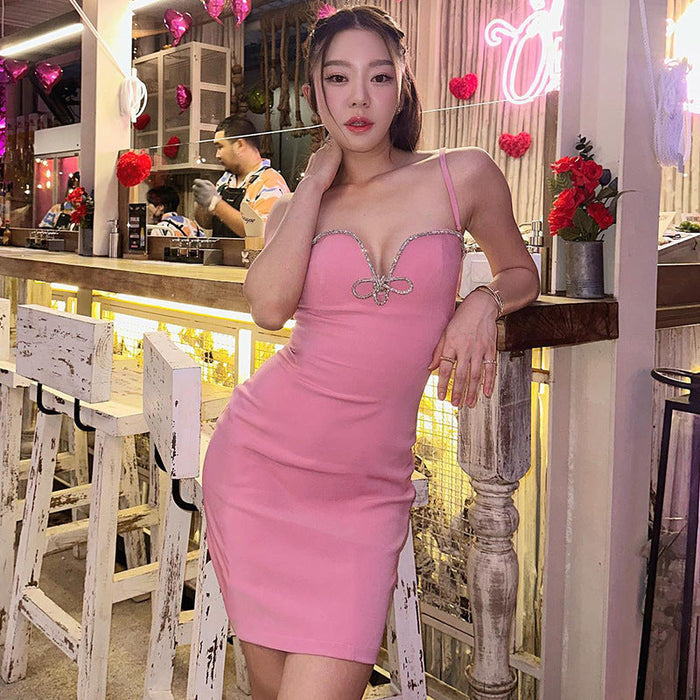 Women Clothing Sexy V neck Close Fitting Patchwork Silver Rope Wrapped Chest Strap Dress