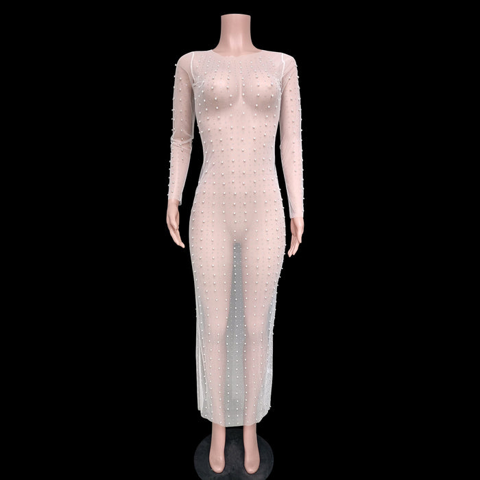 Sexy See through Light Diamond Bubble Beach Dress Mesh Long Sleeve Dress