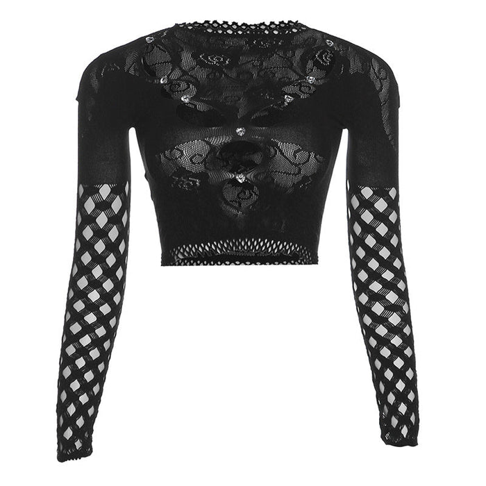 Summer Women Clothing Sexy Mesh See through Hollow Out Cutout round Neck Long Sleeved Doublet Women