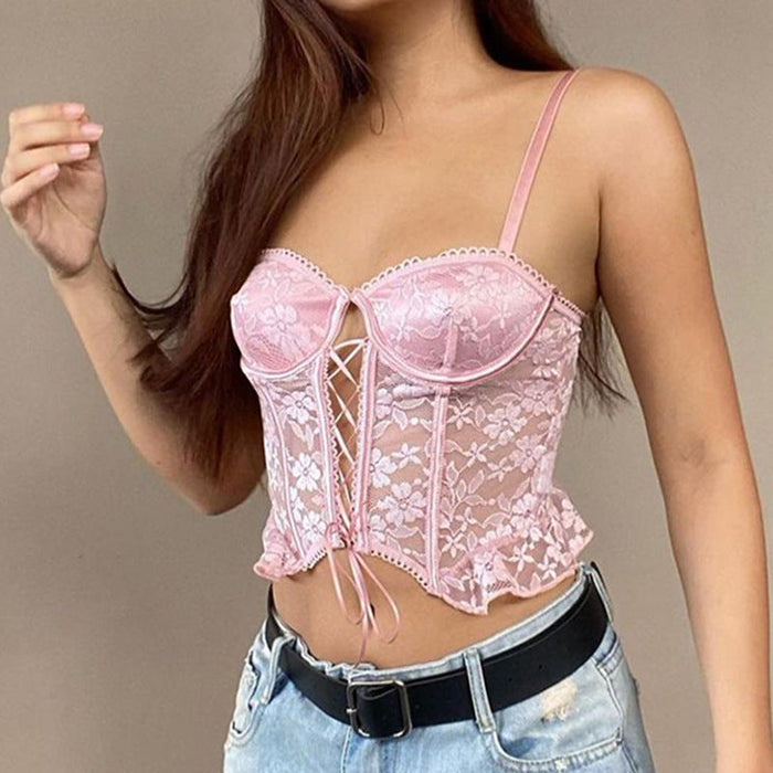 Spring Women Clothing Chest Lace Up Cutout Sexy Irregular Asymmetric Hem See Through Camisole