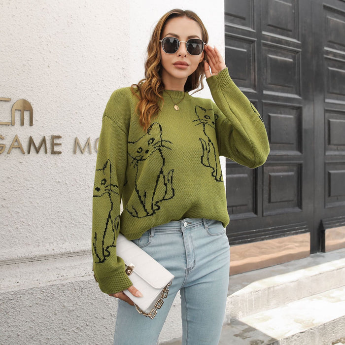 Cat Brocade Sweater Women Loose Autumn Winter Long Sleeve Knitwear Sweater