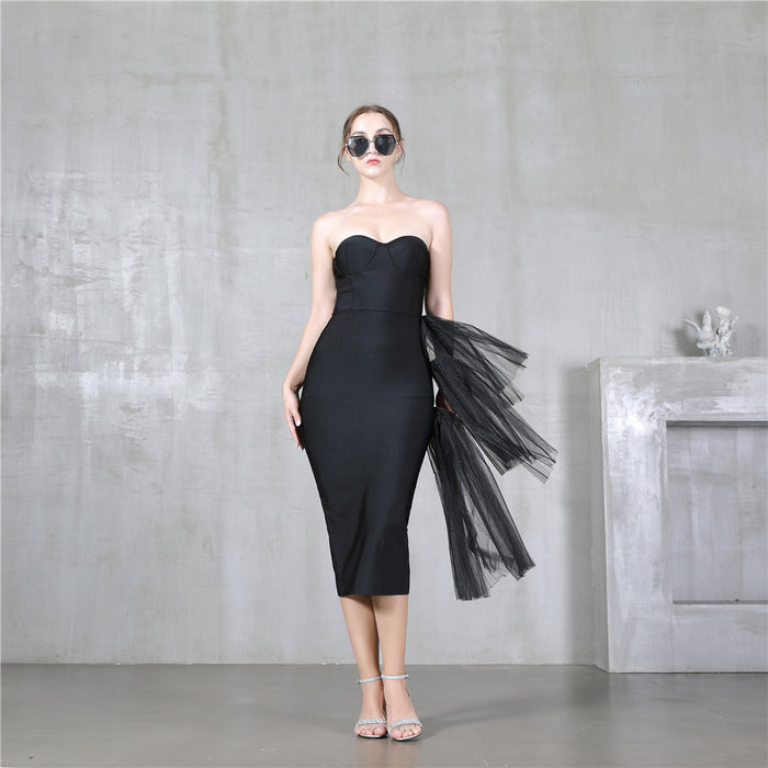 Bandage One Piece Dress Summer Elegant Slim Fit Sexy High Waist Dinner Dress Tube Top Tulle Dress