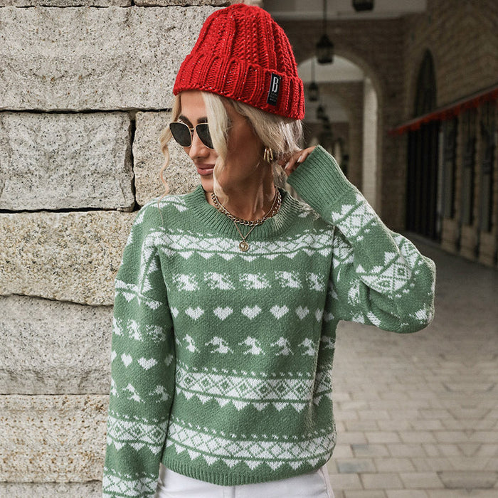 Autumn Winter Women Clothing Trendy round Neck Red Knitted Christmas Snowflake Sweater