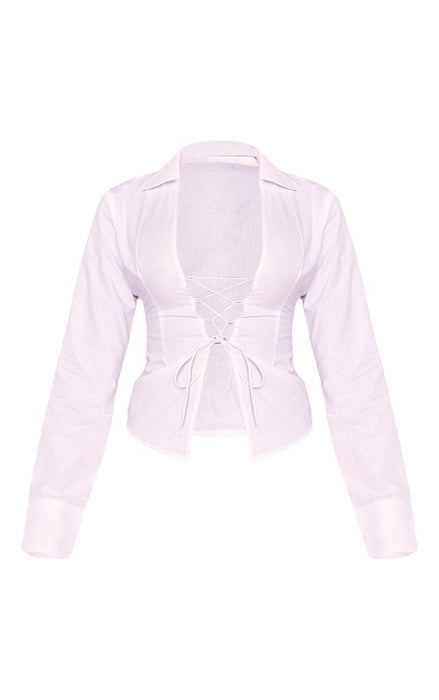 Sexy Solid Color Women  Lace Up Placket Cropped Shirt Women