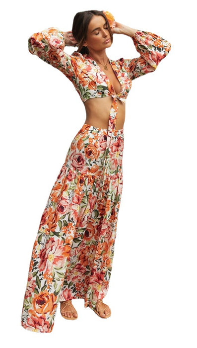 Women Clothing Tropical Floral Printed Chest Lace-up Short Long Sleeve Slit Hemline at Hem Large Swing Skirt Set