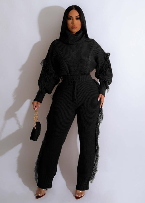 Women Clothing Casual Solid Color Knitted Long Sleeve Turtleneck Tassel Suit