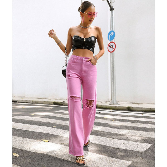 Women Clothing Holes Straight Loose Wide Leg Pants Spring Summer