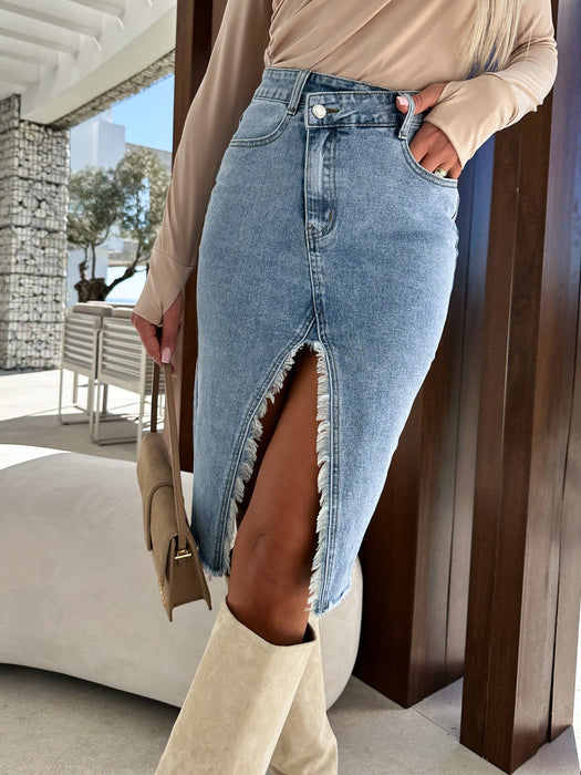 Spring Summer Fresh Sweet Slit Fashionable Casual Solid Color Denim Package Hip Skirt