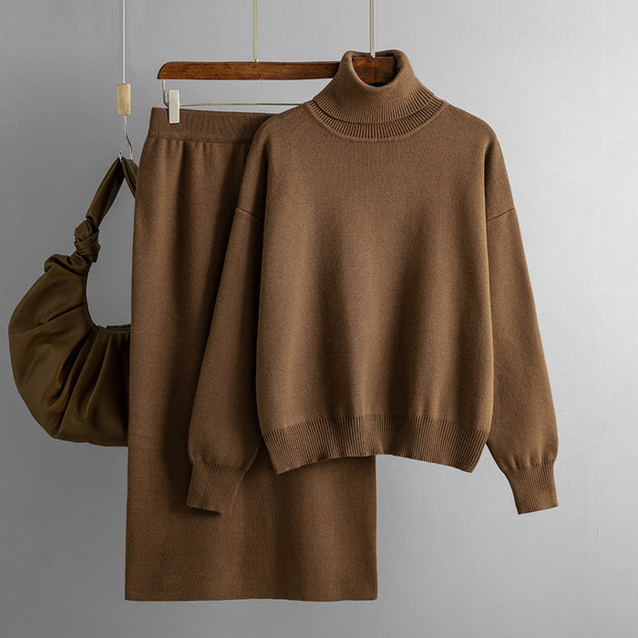 Solid Color Turtleneck Sweater Sheath Skirt Two Piece Set Autumn Winter Knitting Suit Women