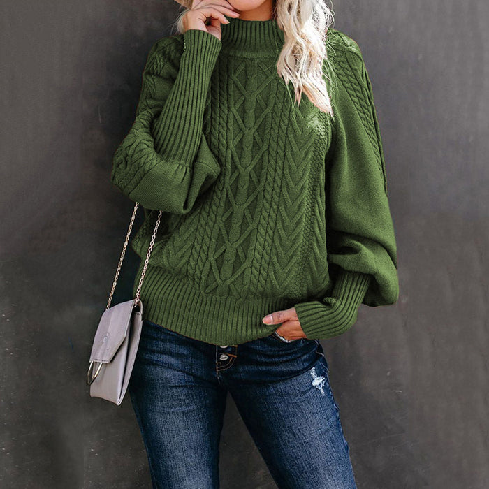 Winter Mid Neck Sweater Women Loose Long Sleeve Knitted Solid Color Sweater