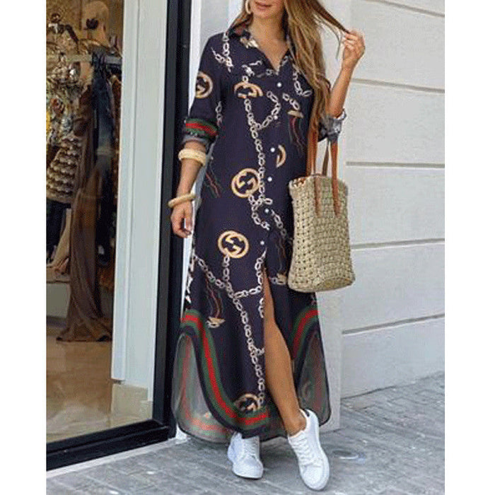 Women Clothing Spring Summer Printed Sexy Shirt Dress