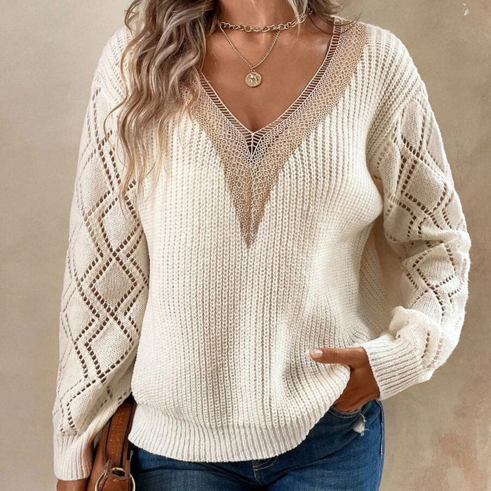 Spring Autumn V neck Sweater Loose Casual Pullover Women Knitwear