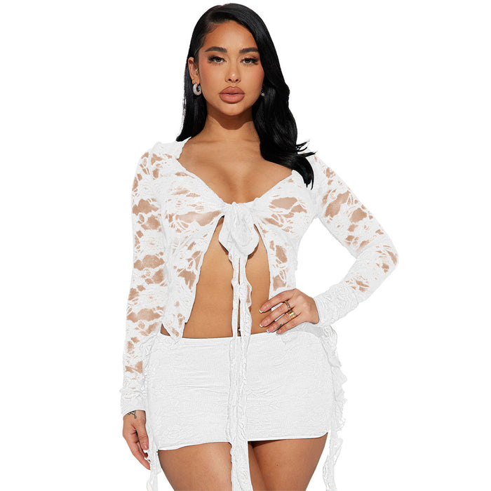 Women Clothing Elastic Lace V Neck Lace Up See Through Sexy Skirt Two Piece Set