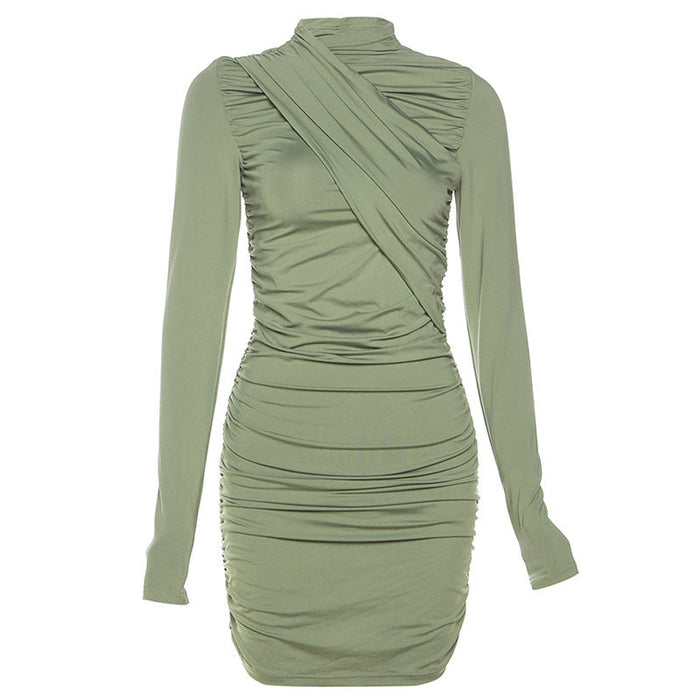 Autumn Winter Women Clothing Pleating Round Neck Long Sleeve Slim Sheath Dress for Women