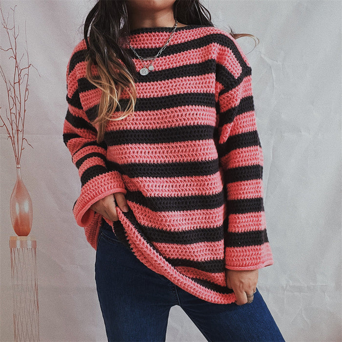 Autumn Winter Coat Loose off Shoulder Striped Long Sleeved Knitted Pullover Casual Sweater for Women