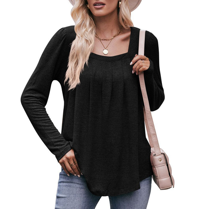 Women Autumn Winter Casual Square Collar Pleated Long Sleeve T shirt