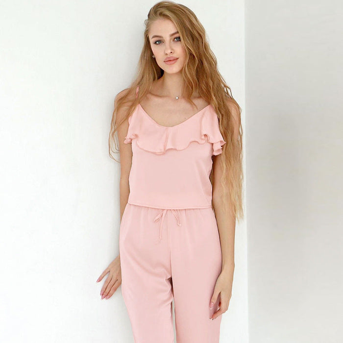 Summer Ice Silk French Spaghetti Strap Ruffle Design Comfortable Cool Women Pajamas Set Home Wear