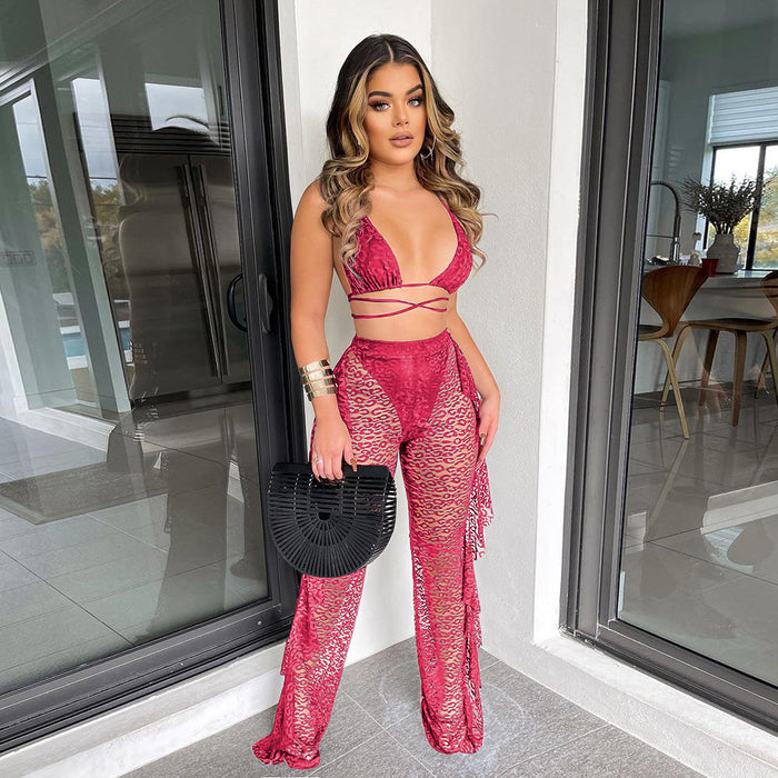 Women Clothing Summer Lace Hollow Out Cutout Bikini Ruffled Wide Leg Pants Two Piece Set Including Underwear