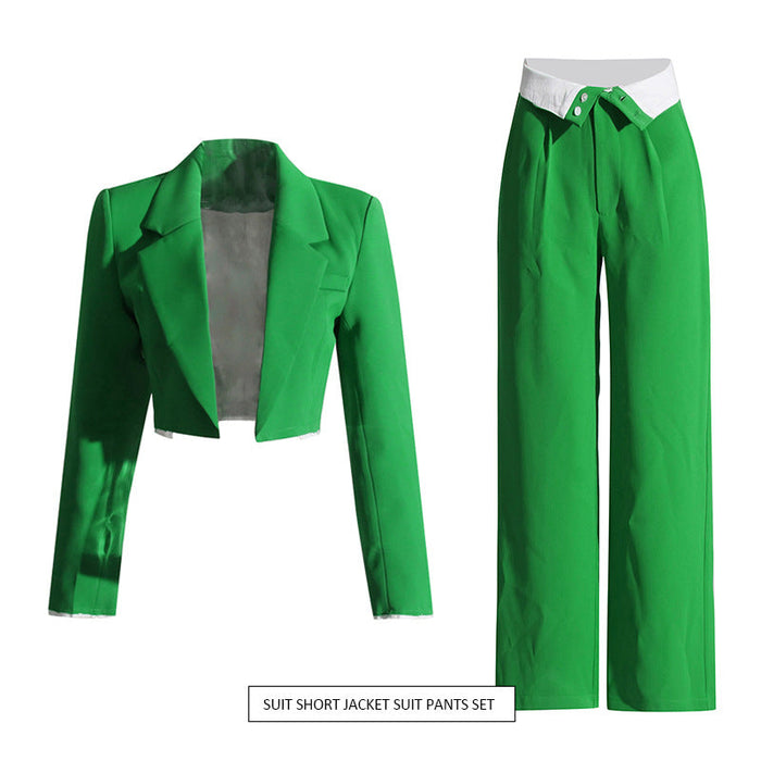 Autumn Casual Short Blazer Women  Flanging High Waist Straight Pants Suit Two Piece Set