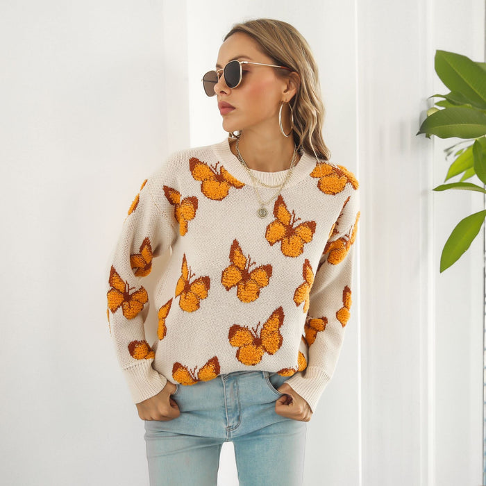 Butterfly Animal Brocade Sweater Women Loose Autumn Winter Long Sleeve Knitwear Sweater