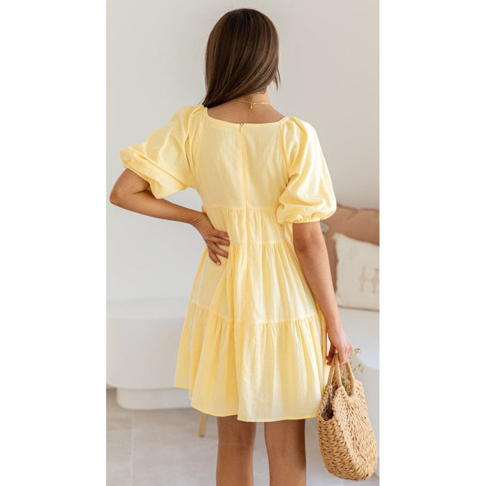 Women Clothing Spring Summer New V-neck Puff Sleeve Mini Casual Dress