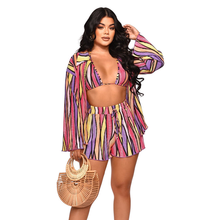 Women Clothing Autumn Pleated Printed Cardigan Shorts Sexy Three Piece Suit