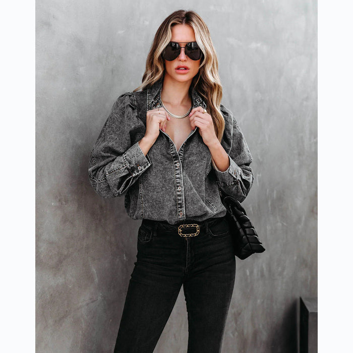 Autumn Winter Collared Casual Street Denim Shirt Women