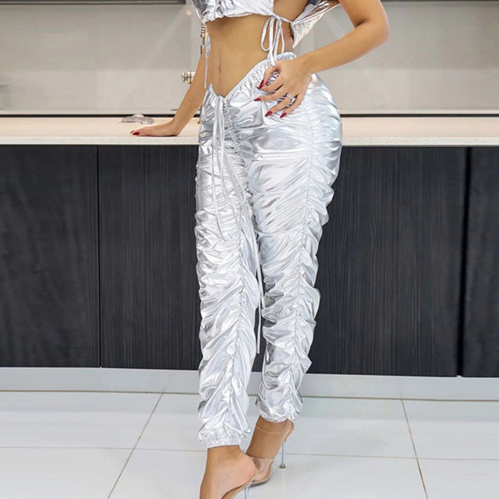 Women Clothing Sexy Pleated Drawstring Outer Wear Metallic Trousers