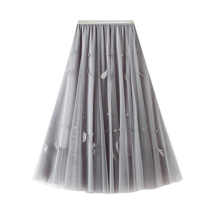 Super Fairy Skirt A- Line Skirt Mid-Length Expansion Skirt Women Autumn High Waist Feather Pettiskirt