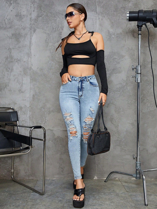 Women Clothing Ripped High Waist Slim Jeans