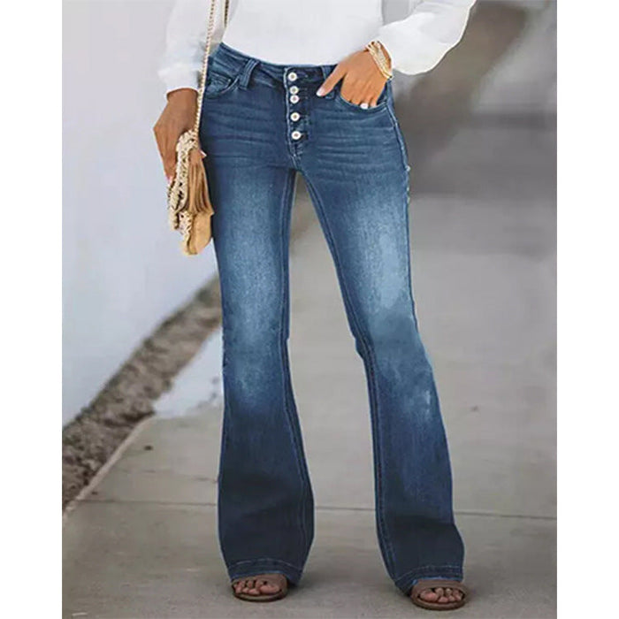 Spring Summer Retro Slimming Multi Button High Waist Micro Pull Washed Women Jeans