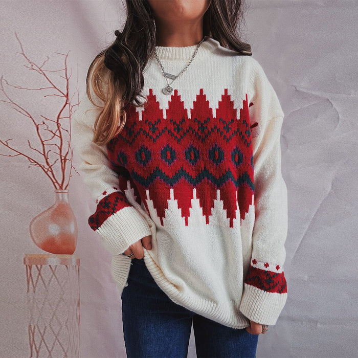 Autumn Winter Retro Hit Color Diamond Lattice round Neck Long Sleeve Loose Knitted Pullover Sweater