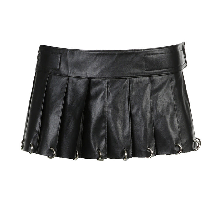 Street Punk Velcro One Piece Leather Skirt Personalized Heavy Industry Metal Ring Buckle Sexy Mini Skirt