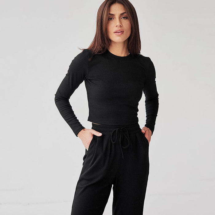 Comfortable Slim Knit Sunken Stripe Long-Sleeved Trousers Autumn Pajamas Ladie   Homewear Can Be Worn outside