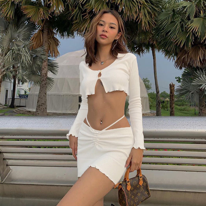 Women Clothing Spring Summer Two Piece Suit Backless Sexy Lacing Cropped Exposed Short T shirt Skirt