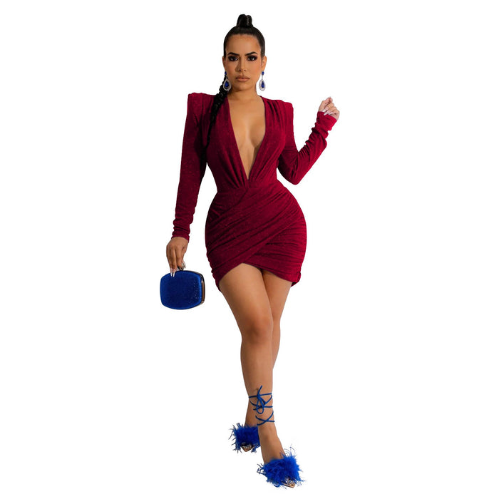 Women Wear V neck Shoulder Pad Long Sleeve Velvet Dress Women