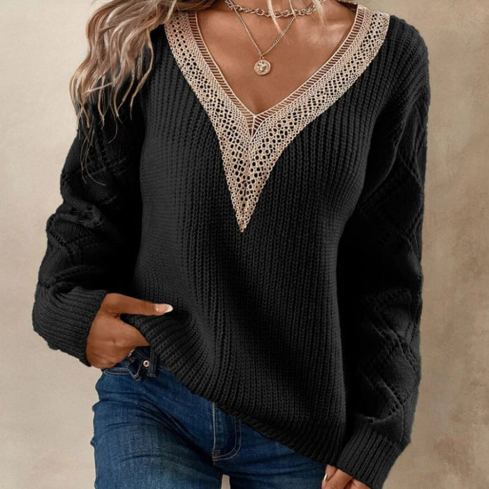 Spring Autumn V neck Sweater Loose Casual Pullover Women Knitwear