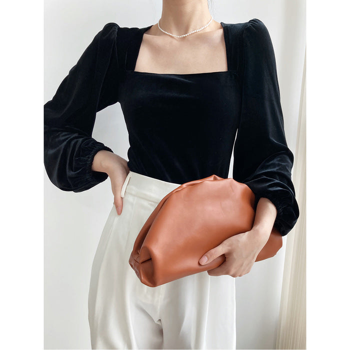 Black Pleuche Square Collar Small Shirt Women Autumn Young Puff Sleeve Shirt off-Shoulder Top