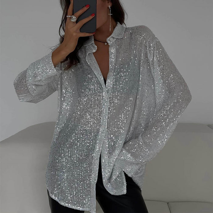 Spring Summer Sequin Top Collared Long Sleeve Cardigan Basic Women Clothing Shirt