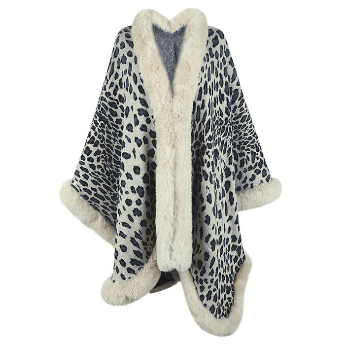 Autumn Winter Fur Collar Cape Cardigan Leopard Print Shawl Sweater Women