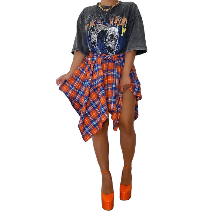 Women Clothing Nightclub Irregular Asymmetric Plaid Tied Sleeve Faux Shirt Skirt